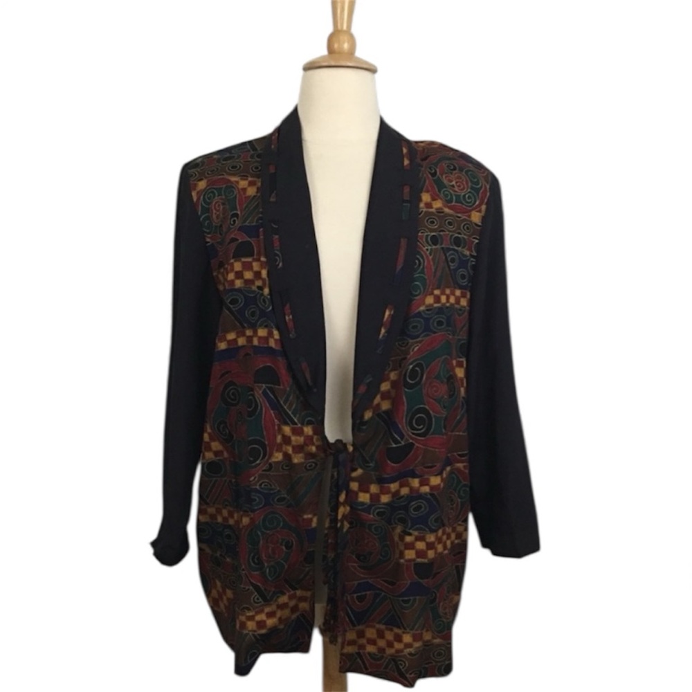 Vintage 80’s 90s Blazer Women’s XL Jacket‎ Geometric Tie Waist